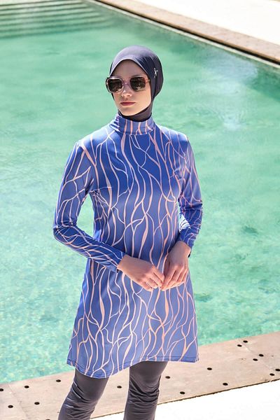 Haşema Stripe Patterned Lycra Saks Blue 5 Piece Full Hijab Swimsuit Set 3161