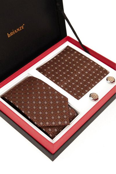 Brianze Coffee Patterned Tie, Handkerchief and Cufflink Gift Set.Jpg