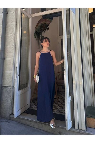 Ecenin Favorileri Μάξι λινό φόρεμα με λουράκι Navy Blue