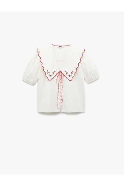 Koton Cotton Short Balloon Sleeve Floral Baby Collar Shirt with Embroidery Detail