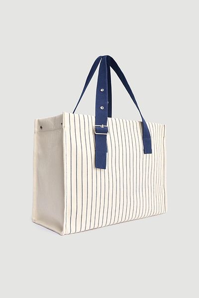 Gusto Striped Large Tote Bag - Ecru