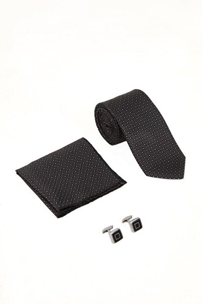 Brianze Черна вратовръзка с мотив и комплект за подарък с маншети