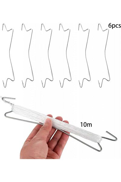 Helweet Set de 6 cârlige cu 10 m de frânghie Helweet pentru roșii, metal, alb/argintiu