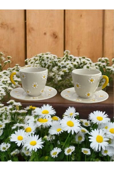 RGS ÇİNİ Rgs Homelife Handmade Yellow Daisy Patterned Double Cup Set