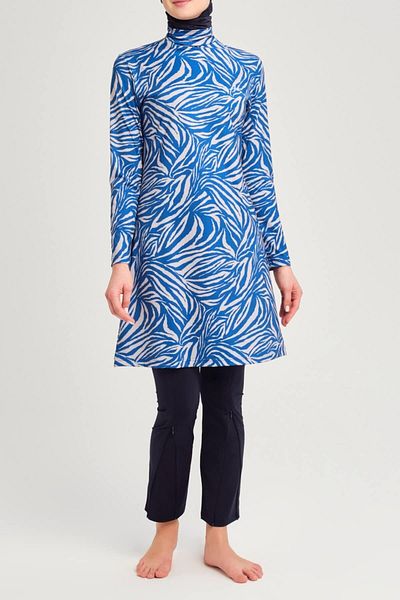 Haşema Line Patterned Lycra Blue 5 Piece Full Hijab Swimsuit Set 3160