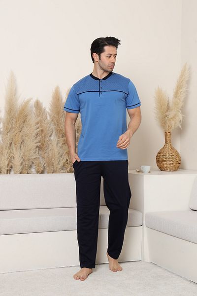 KAPİTEX Set de pijamale pentru bărbați cu mâneci scurte, fund lung, cu nasturi, buzunare, 100% bumbac, culoare albastră, pentru Ziua Tatălui