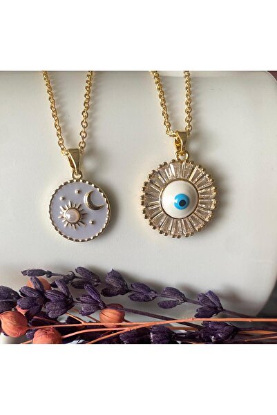 KANERUZ قطعتان من قلادة الباجيت المستديرة المصنوعة من حجر القمر والشمس والزركون