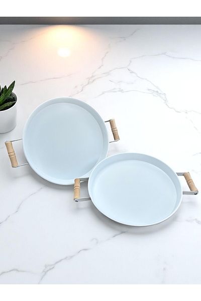 hemlife Set of 2 (30/30 cm) Metal Tray with Wooden Handle Tea Tray Coffee Tray Presentation Tray Set