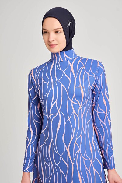 Haşema Σετ μαγιό με μοτίβο Lycra Saks Blue 5 τεμαχίων Full Hijab 3161