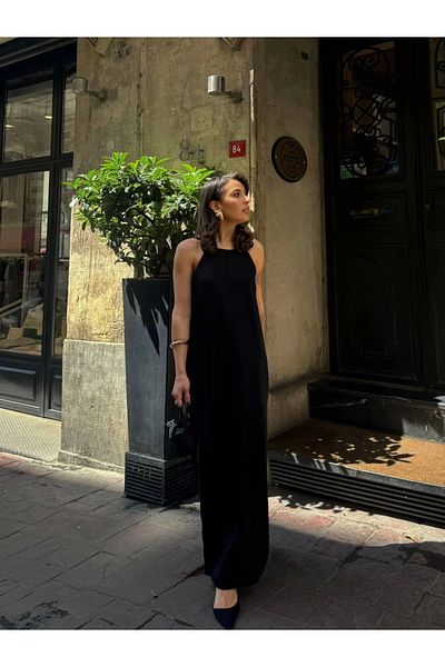 Ecenin Favorileri Rochie maxi din in cu bretele negre