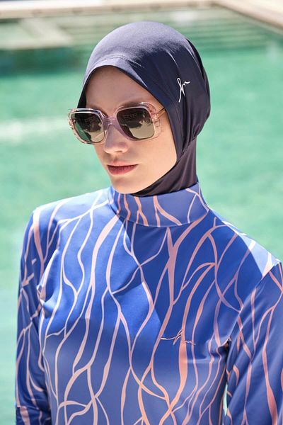 Haşema Stripe Patterned Lycra Saks Blue 5 Piece Full Hijab Swimsuit Set 3161