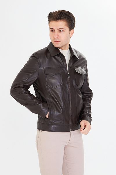 By Marki Marki Men's Genuine Leather Jacket – Shirt Collar, Zippered, 6 Pockets, 67 Cm, Classic Vintage Model - 505722