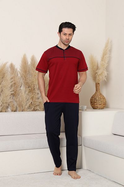 KAPİTEX Men's Short Sleeve, Bottom Long Placket Button, with Pockets 100% Cotton Burgundy Color Father's Day Pajamas Set