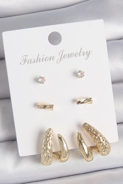 STİLLOVE Brass Gold Color Zircon Stone Embroidered Motif Model 3 Pair Women's Earring Set Sl11876