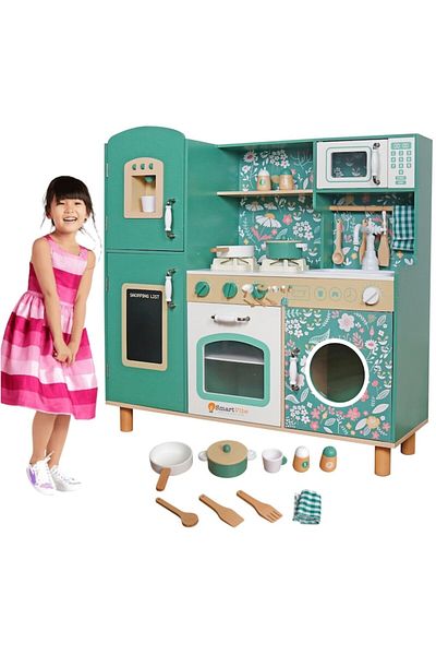 Smart Vibe Kitchen Set with Accessories for Children, Natural Wood, Vintage Floral, KinderVibe™, Burners