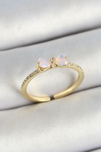 Store Gold Color Adjustable Women's Ring with Brass Bow Figure and Zircon Stone