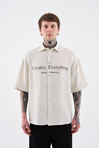 Machinist Men's Printed Detachable Sleeve Shirt Ecru