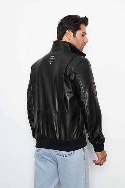 By Marki Marki Men's Genuine Leather Pilot Jacket – Stand Collar, Zippered, 5 Pockets - 506122