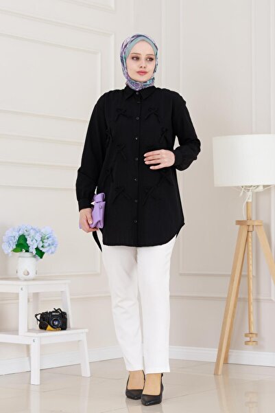 Sevitli تونيك كتان بتفاصيل فيونكة أمامية - أسود