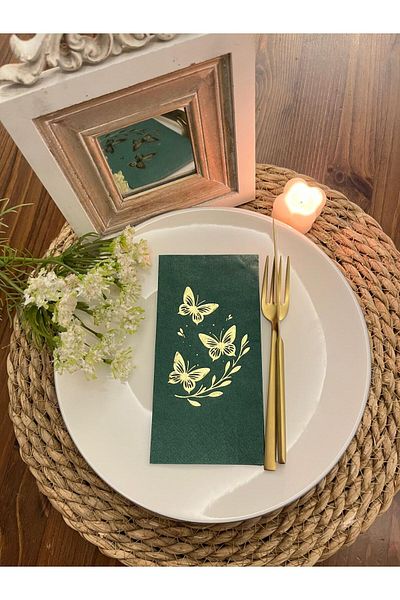 kidspartim Gold Gilded Green Butterfly Leaf Detailed Napkin 16 Pieces