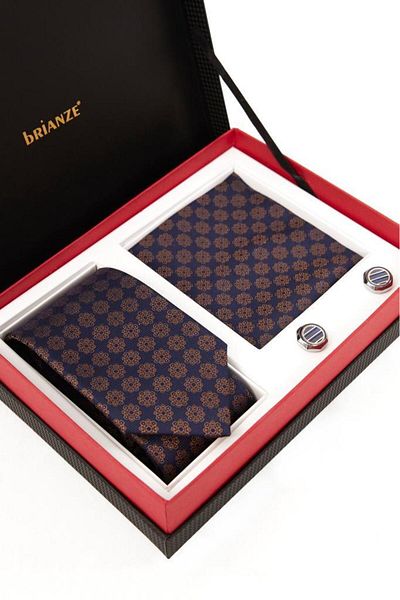 Brianze Navy Blue Patterned Tie, Handkerchief and Cufflink Gift Set