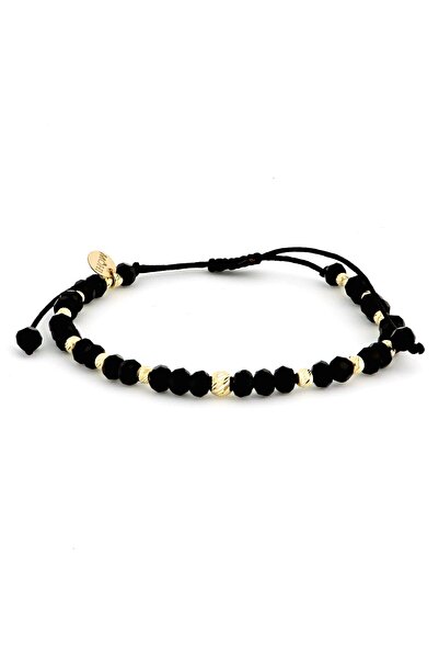 MOHI Fine Jewellery Bratara snur reglabil cu bile striate si bile negre semipretioase, aur 14k