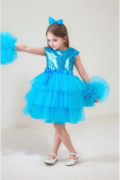 ABİYEKİDS Turquoise Children's Evening Dress with Pompom Buckle Aby160