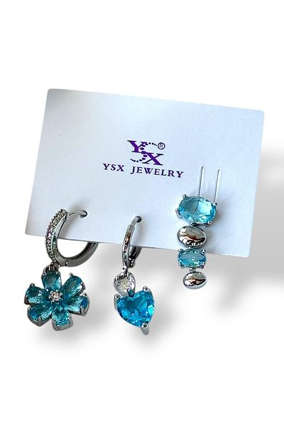 TAKIŞTIR مجموعة أقراط YSX VIP مكونة من 3 قطع مع شكل زهرة فضية اللون وتفاصيل حجر أزرق