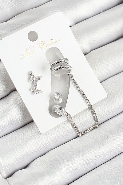 STİLLOVE Brass Butterfly Figured Zircon Stone Silver Color 3-Piece Cartilage Women's Earring Set Sl12117