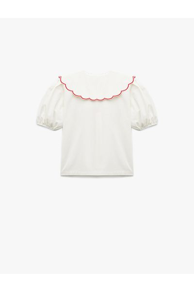 Koton Cotton Short Balloon Sleeve Floral Baby Collar Shirt with Embroidery Detail