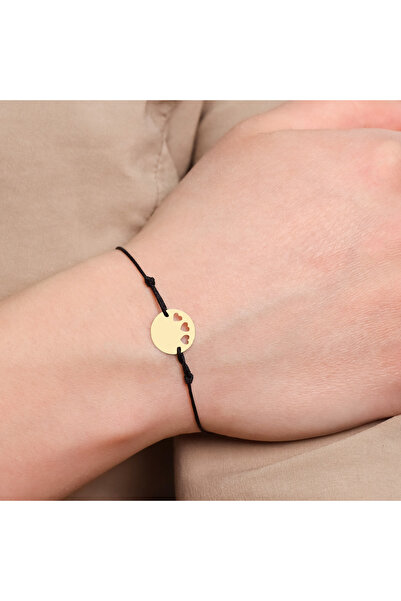 MOHI Fine Jewellery Bratara snur reglabil cu pandant in forma de banut si 3 inimi, aur galben 14k