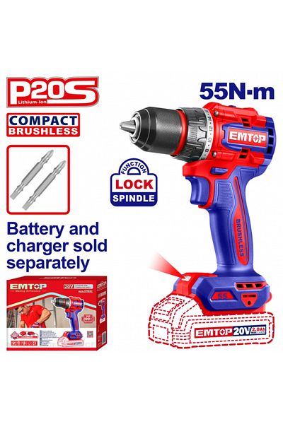 EMTOP Cordless Drill, 20V, 55Nm, Brushless Motor, Without Battery and Charger
