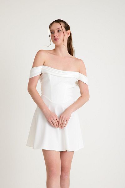SpringStore Ecru Draped Madonna Collar Short Evening Dress