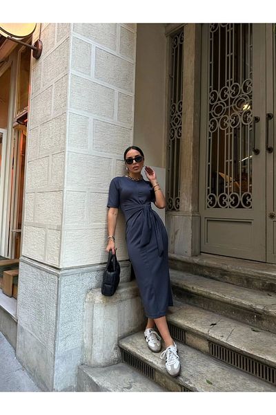 Ecenin Favorileri Modal Fabric Anthracite Women's Dress with Tie Waist