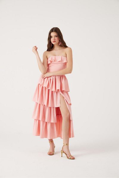HOLLY LOLLY Strapless Ruffled Long Gracie Dress Pink