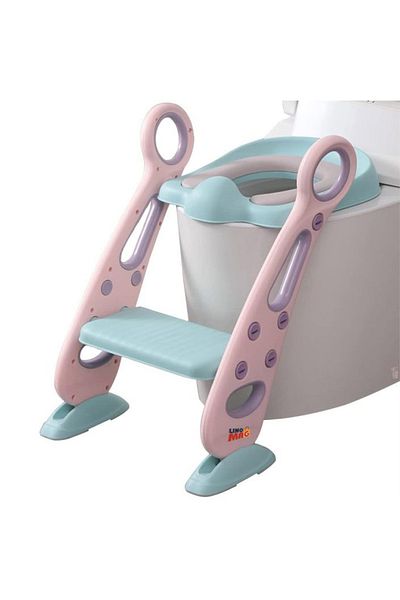 Linomag Kids Toilet Seat with Ladder, Linomag®, Foldable, Height Adjustable, Soft Seat, Rose/Teal