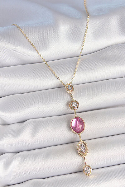 STİLLOVE Brass Chain Gold Color Pink Zircon Stone Y Necklace Sl11904