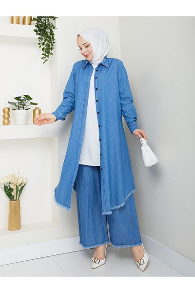 KMKkombin Thin Denim Fabric Buttoned Comfortable Fit Bottom Top New Season Women's Suit 032