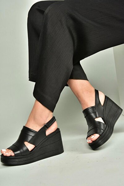 Fox Shoes U555960303 Black Genuine Leather Wedge Heeled Women's Shoes