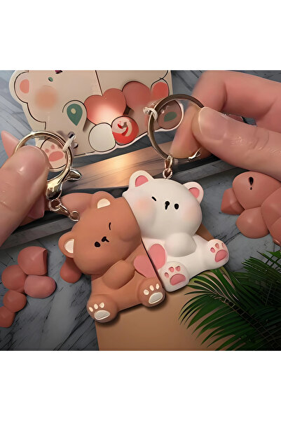 Siriderya مجموعة سلسلة مفاتيح تيدي بير مزدوجة - تصميم لطيف مع مغناطيس، حقيبة وإكسسوارات السيارة