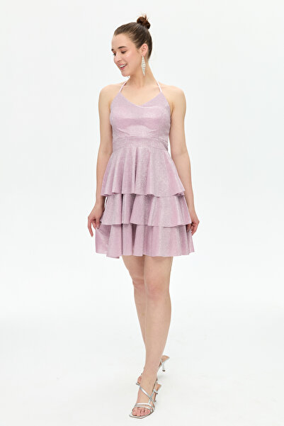 LOVE IS EVERYWHERE Kadın Pembe Ip Askılı V Yaka Sırt Çapraz Askı Kat Kat Etek...