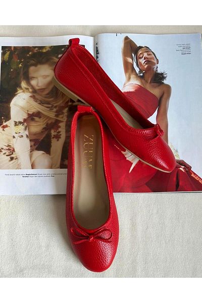 Zuum Ledera 100% Genuine Leather Women's Ballerina Ballerina - Red Leather