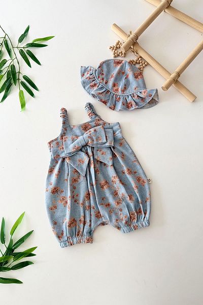 Minigimin Cicileri Baby Girl Jumpsuit Set with Bow Detail and Flower Patterned Hat for My Little One - Blue