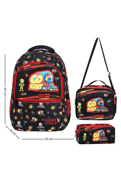 KAFF Black Car Patterned Bag Nutrition Pen Holder Boy Set of 3 Primary School Bag