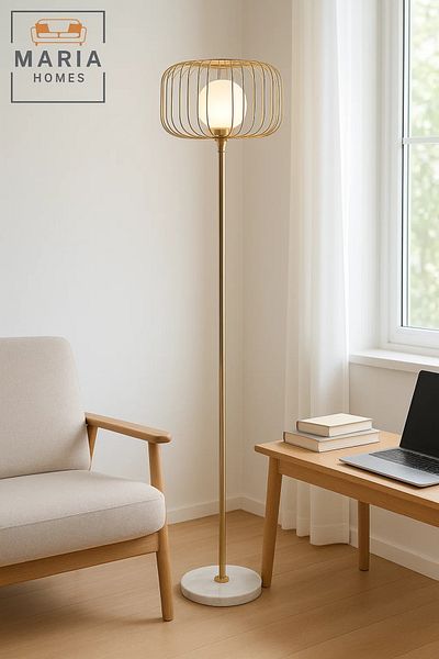 MARIA HOMES Gold Floor Lamp with Cage Shade and Marble Base