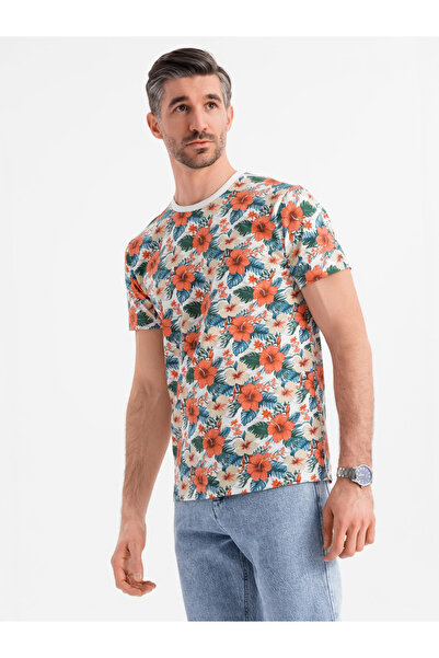OMBRE Herren-T-Shirt aus Baumwolle mit floralem Volldruckmuster - weiß V1 OM-TSFP-0249 S
