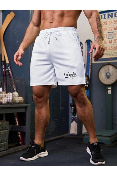 Relax family xf Men's White Shorts Slimfit Mold Los Angeles Printed Cotton Fabric