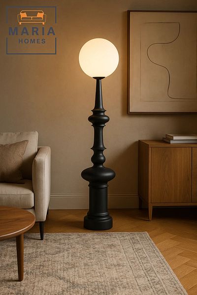 MARIA HOMES Sculptural Black Floor Lamp with Frosted Globe Shade