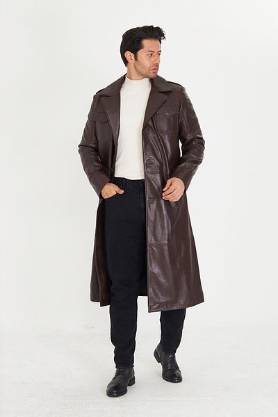 By Marki Marki Men's Genuine Leather Trench Coat – Brown, British Collar, Button Closure, 130 Cm, 4 Pockets - 506822