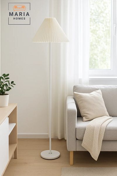 MARIA HOMES Slim White Floor Lamp with Pleated Cone Shade